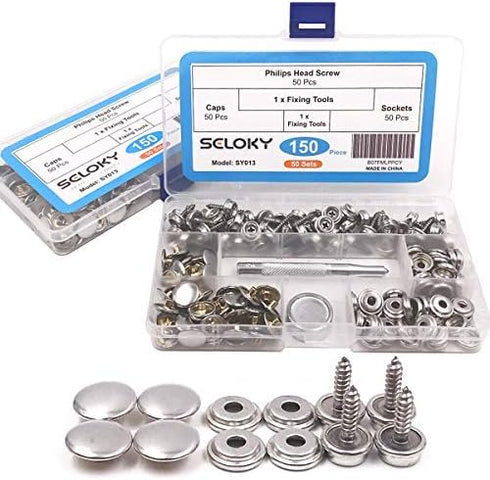 150 Pcs Snaps Fastener Screw Snaps, Heavy Duty Metal Snaps Button for Boat Canvas with 2 Pcs Setting Tool by Seloky, 50 Sets(Marine Grade, 3/8" So...