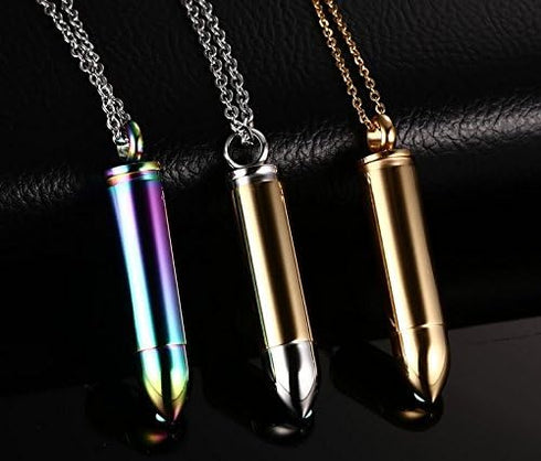 Lot of 3 Stainless Steel Memorial Cremation Ash Urn Vial Tube Bullet Pendant Keepsake Necklaces, 3 Colors Included...