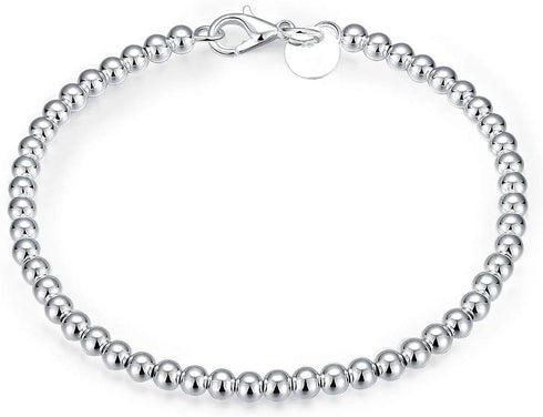 Sterling Silver 4MM Bead Ball Strand Bracelet- Handmade Ball Bracelet, Silver Beads Bracelet for Mens Women...