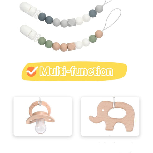Pacifier Clips for Baby Boys Girls Silicone Beads Pack of 2 Soft Flexible Binky Clips (Grey+Green)...