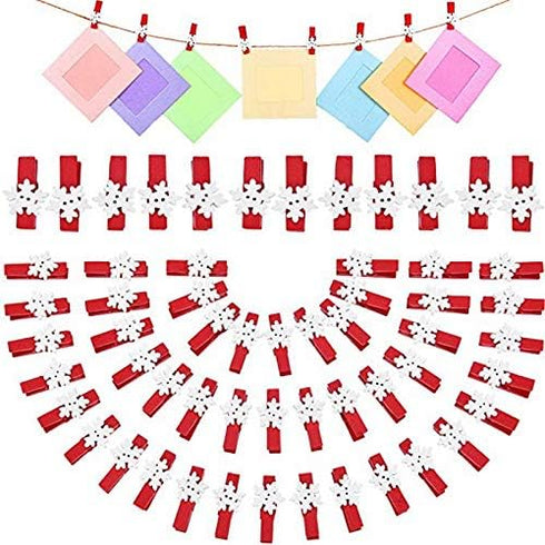 Pack of 50pcs Christmas Clips, Snowflake Red Wood Clothespins for Game Favors Craft, Wood Clips Set for Card Paper Photo Photography Activity (Red...
