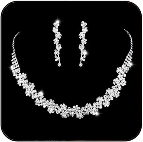 Yean Silver Bride Necklace Earrings Set Crystal Bridal Wedding Jewelry Sets Rhinestone Choker Necklace Prom Costume Jewelry Sets for Women...