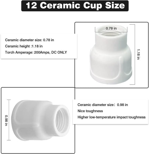 #12 Ceramic Cup White TIG Welding Cup fit Torch WP 9/20/25 Series with 3/32” Diffuser 3pk (HCZ-WST-40062+40063-6)...