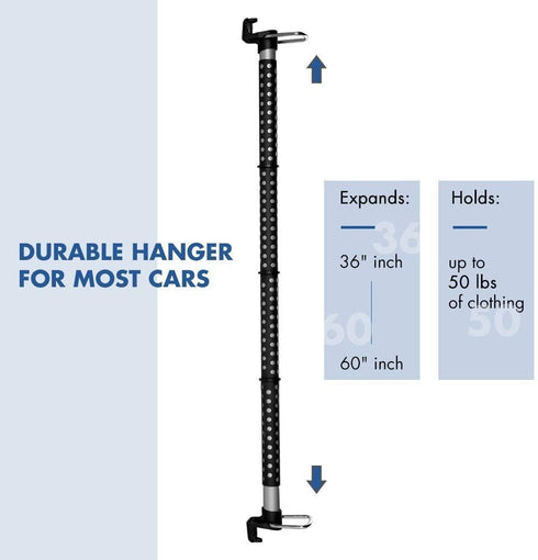 Car Clothes Hanger Bar, Adjustable Telescoping Bar Vehicle Clothing Rack with 3 sections of Non-Slip Grips Dividers for Travel, Expandable 33" to ...