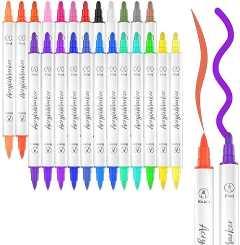 Acrylic Paint Marker Pens 24pcs, Dual Tip Pens With soft Tip and Hard Tip, Fine Point Acrylic Paint Markers for Wood, Canvas, Stone, Rock Painting...