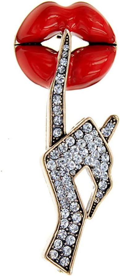 Sexy Red Lips Brooch Rhinestone Quiet Gestures Statement Brooches Lapel Pins Elegant Dress Accessories Suit Tie Art Deco Fashion Cubic Zirconia Je...