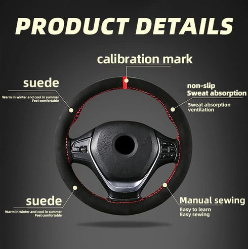 Car Steering Wheel Cover, 15 Inch Durable Genuine Leather Stitch On Wrap Steering Wheel Protector for Women Men, Universal Auto Interior Accessori...
