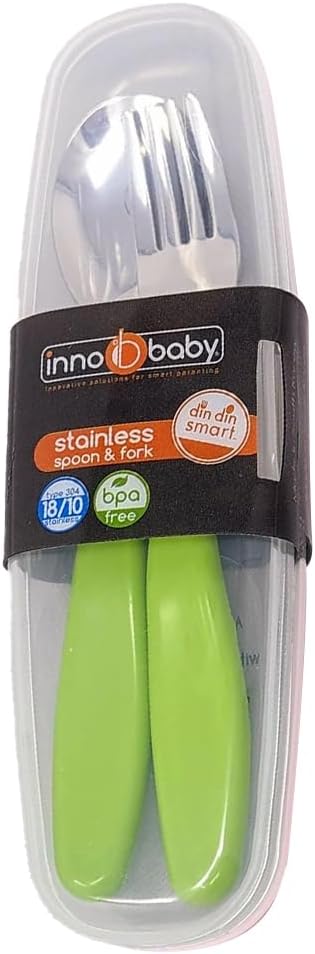 Innobaby Din Din Smart EZ Grip Spoon and Fork with Carrying Case, Utensil Set for Kids and Toddlers, BPA Free (Green)...