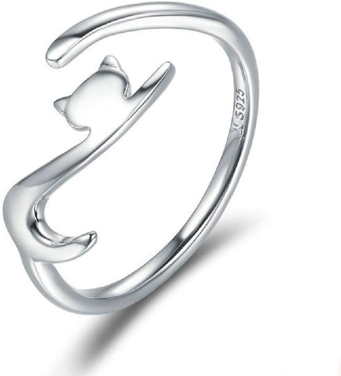 Cute Cat Open Statement Ring 925 Sterling Silver Adjustable Simple Lovely Pet Wrap Stacking Engagement Wedding Finger Rings Fashion Jewelry for Wo...
