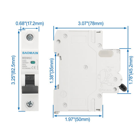 Baomain 6A AC Miniature Circuit Breaker, AC 400V 50Hz 6000A 1 Pole Circuit Breaker,C65 MCB DIN Rail Mount, MBM6C-1P (63 Amp)...