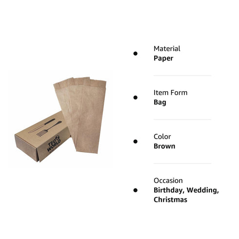100 Pack 100% Brown Kraft Paper Bags, 2.75 x 10 inches Brown Plain Bag Kitchen Cutlery Utensils Holder...