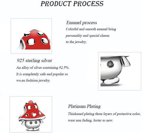 Cute Mushroom Charm 925 Sterling Silver with Red Enamel Bead Jewelry for Women European Bracelet Necklace...