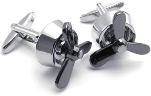 Plane Airplane Aircraft Propeller Mens Shirts Cufflinks Wedding, Black Silver, 1 Pair Set...