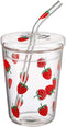 10 Oz Lovely Strawberry Clear Glass Tumbler with Lid and Straw....