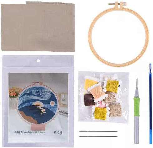 Abillyn Punch Needle Embroidery Starter Kit for Beginner, Punch Needle Fabric with Starry Sky Pattern, Embroidery Hoops and Embroidery Pen (Moonli...