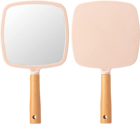 YEAKE Hand Held Mirror with Handle for Makeup,Small Cute Wood Hand Mirror for Shaving with Hole Hanging Single-Sided Portable Travel Vanity Mirror...