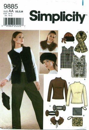 Simplicity 9885 Sewing Pattern Vest Hat Scarf Bag Earmuffs Knit Top Size 6 - 16 Bust 30 1/2 - 38...