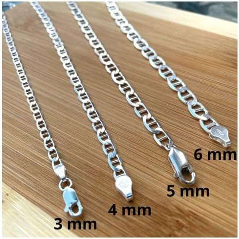 925 Sterling Silver chain 3.5MM, 4.5MM, 5.5MM, 6.5MM, 8MM,9MM,10.5MM,12MM Solid Flat Mariner Link Chain Necklace- Silver Necklace Chain, Men and W...