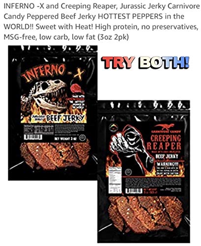 JURASSIC JERKY’S “CREEPING REAPER” Carolina Reaper Beef Jerky The Reaper is the HOTTEST Pepper in the world! Sweet with Heat - (2) 3 oz bags...
