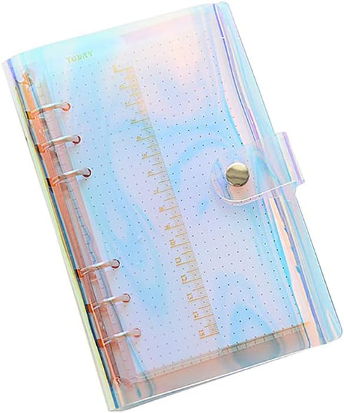 2 Pcs Clear Rainbow 6-Ring PVC Binder Cover Holographic Notebook Protector Shell with Button Closure Loose Leaf Folder Round Ring A5...