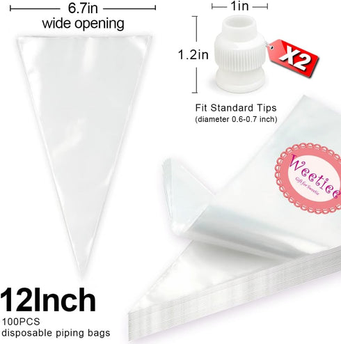 Pastry Piping Bags -100 Pack-12-Inch Disposable Cake Decorating Bags Anti-Burst Cupcake Icing Bags for all Size Tips Couplers and Baking Cookies C...