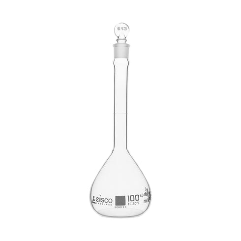 EISCO Volumetric Flask, 100ml - Class A, ASTM - Tolerance ±0.100 ml - Glass Stopper - Single, Blue Graduation...