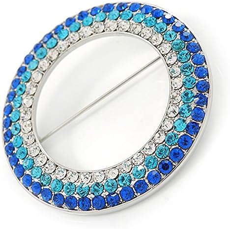Blue/Aqua/Clear Austrian Crystal Open Cut Eternity Circle of Love Brooch In Rhodium Plating - 50mm...