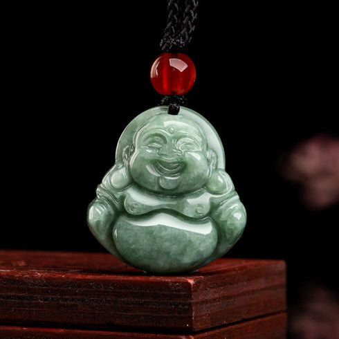 Gixaxak Laughing Buddha Pendant Necklace Green Jade Smiling Laughing Buddha Necklace Gemstone Lucky Amulet Jewelry for Women Men Natural Jade Budd...