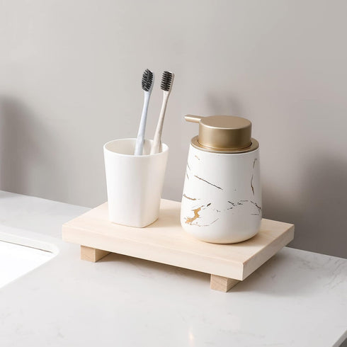 Bathroom Counter Organizer Wood Pedestal Stand Farmhouse Decorative Tray Soap Holder for Kitchen Decor, Burlywood...