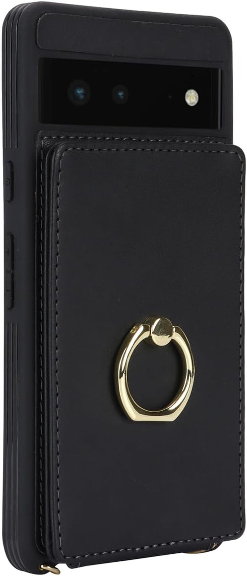 for Google Pixel 6 Case with Card Holder and Strap for Women,Crossbody Lanyard,Ring Stand,Snap Clasp,Phone Wallet Cases 6.4 inch(Black)......
