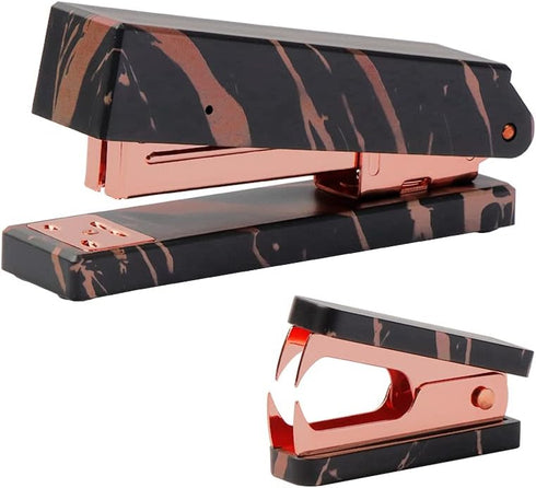 Office Stapler Staples Remover Set, Marble Black Print Rose Gold Tone Desk Executive Manual Staplers and Staple Remover Tool for Desktop Accessori...