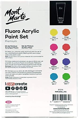 Mont Marte Fluoro Acrylic Paint Set, 8 x 1.02oz (36ml) Tubes, 8 Colors, Suitable for Most Surfaces Including Canvas, Card, Paper and Wood...
