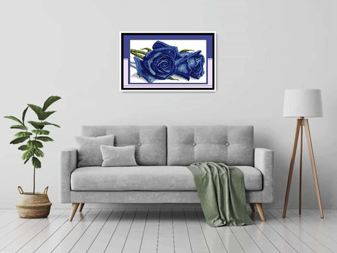 Amiiba Stamped Cross Stitch Kits, Blue Rose Flowers DIY 11CT 17.3x10.6 inch (Blue)...
