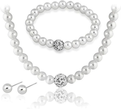 Brishow Wedding Pearl Necklace Set Silver Bridal Crystal Necklaces Earrings Bracelet Sets Rhinestone Brides Necklace Chain Jewelry Sets for Women ...