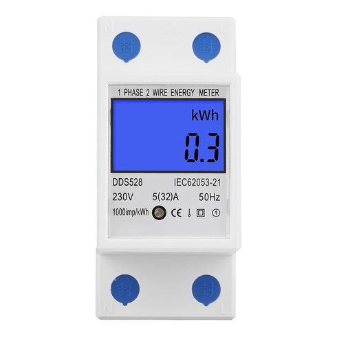 Single Phase Energy Meter 230VAC LCD KWH Electric Meter 5-32A 50Hz Single Phase DIN Rail KWH Meter Electricity Usage Meter Electricity Usage Monit...
