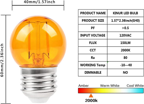 G40 Small dim Amber LED Edison 2000K 2 watt-15 watt Equivalent, E26 Base Low watt Soft Warm Light Bulbs for Healthy Sleep and Baby Nursery Light 4...