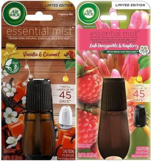 Air Wick Essential Mist Diffuser Oil Refills Combo Pack Set of 2 Fragrance Mist Refills, Vanilla & Carmel Lush Honeysuckle & Raspberry Fall Scent,...