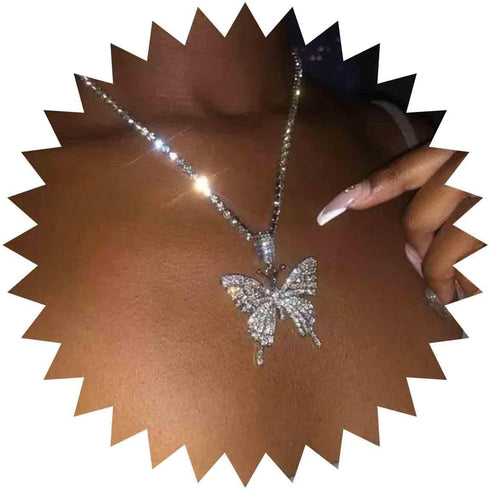 Crystal Large Butterfly Necklace Choker Silver CZ Tennis Chain Sparkly Butterfly Pendant Necklace Charm Bling Rhinestone Butterfly Prom Necklace J...