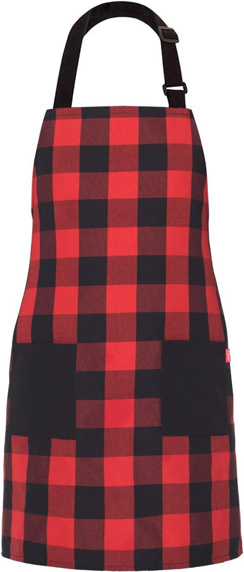 Chef Bib Apron for Men Women, Christmas Gift, Kitchen Cooking Apron with 2 Pockets, 40" Long Ties and Adjustable Neck Strap - 32" x 28" - Red/Blac...