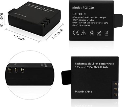 VVHOOY 3 PCS 1050mAh Rechargeable Action Camera Battery Pack Dual Battery Charger Compatible with AKASO EK7000 EK5000 Brave 4/ DBPOWER EX5000/EKEN...