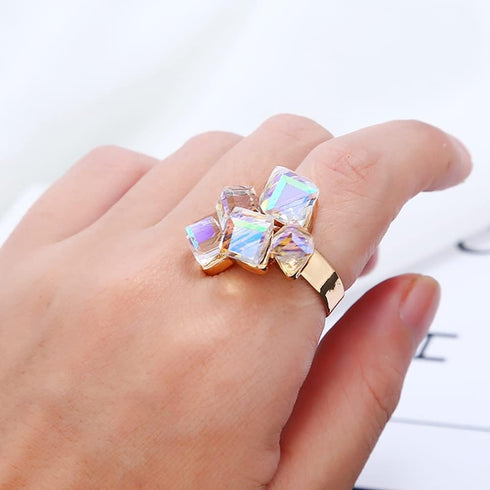 Boho Square Crystal Statement Ring for Women Girls Gold Plated Adjustable Expandable Promise Engagement Geometric Rings Comfort Fit Elegant Art De...