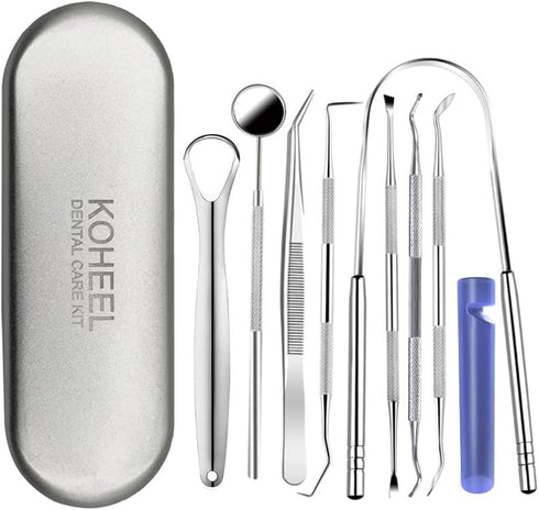KOHEEL Dental Tools with Metal Case, 8 Count Teeth Cleaning Tools Set, Remove Plaque, Oral Care Hygiene Kit with 2 Type of Tongue Scraper, Tartar ...