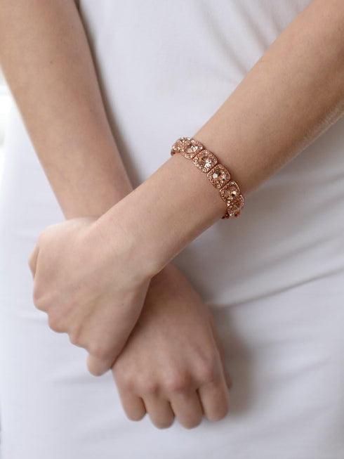 Mariell Pink Rose Gold Crystal Stretch Bracelet, Adjustable Bangle for Weddings, Prom, Bridesmaids, Gift...