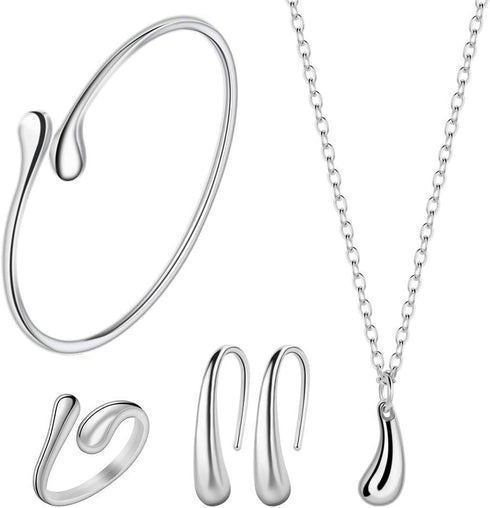4PCS Silver Jewelry Set for Women Teardrop Pendant Necklace Earrings Bracelet Ring Fit with Party Meeting Dating Wedding Holiday gift Birthday Gif...