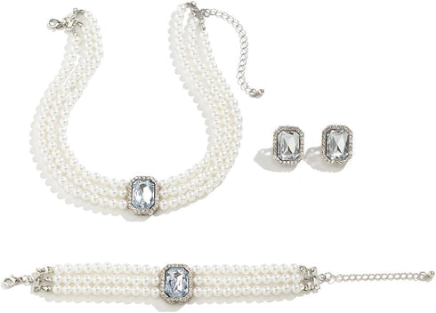 Pearl Earrings Necklace Bracelet Set for Women Girls Wedding Rhinestone Crystal Pearl Jewelry Set Bride Bridesmaid Dainty Jewelry Gift for Women G...