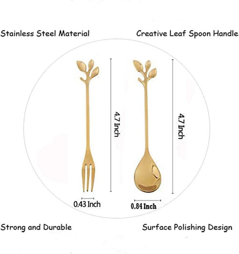 16 Pcs Stainless Steel Gold Leaf Coffee Spoon appetizer fork-4.7" Creative Tableware Dessert Spoons, Stirring, Mixing, Sugar, Stir, Ice Cream, Fru...