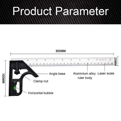Combination Square, 12" Combo Square, Carpenter Square, Woodworking Measure Tools, Metal Ruler, Framing Square, T Square, T Ruler, Combination Squ...