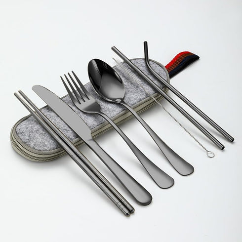 Portable Stainless Steel Flatware Set, Travel Camping Cutlery, Portable Utensil Silverware Dinnerware Set with a Waterproof Case (Black)...
