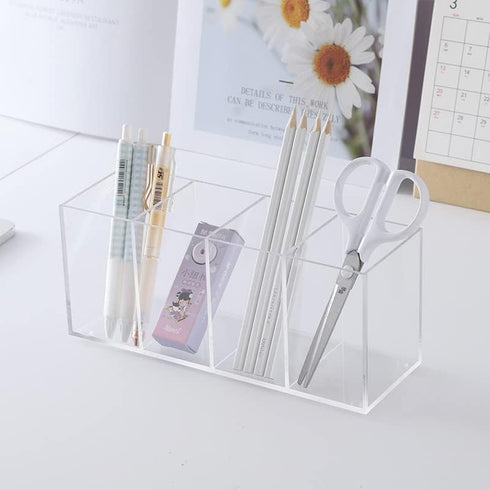 Acrylic Pen Holder 4 Compartments Clear Pencil Holder Organizer Makeup Brush Holder...
