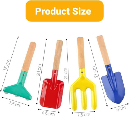 Beach Toys for Kids, 4 Pcs 8'' Sand Toys Set Metal Garden Tools with Sturdy Wooden Handle, Mesh Beach Bag (Blue),Gardening Equipment Fork, Rake, F...